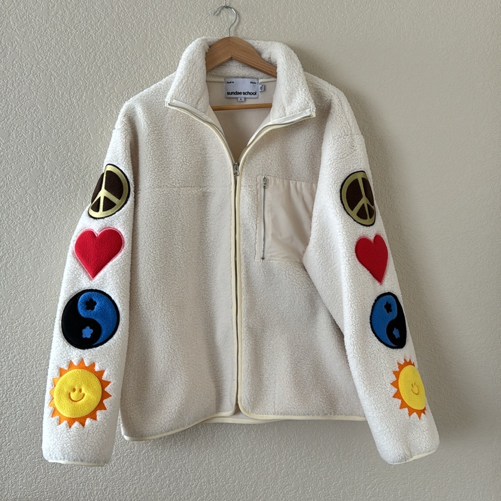 Sundae School Ivory Oversized Soft Fleece Zip Up Jacket Size L